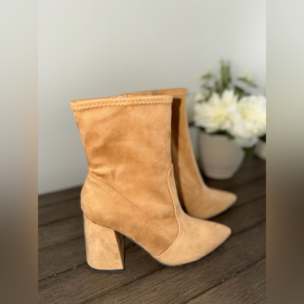Camel Suede Pointed Toe Ankle Boots | Block Heel | Size 7 - Picture 3 of 5